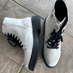 True Craft Korri 3 White Croc Print Faux Leather Combat Boots